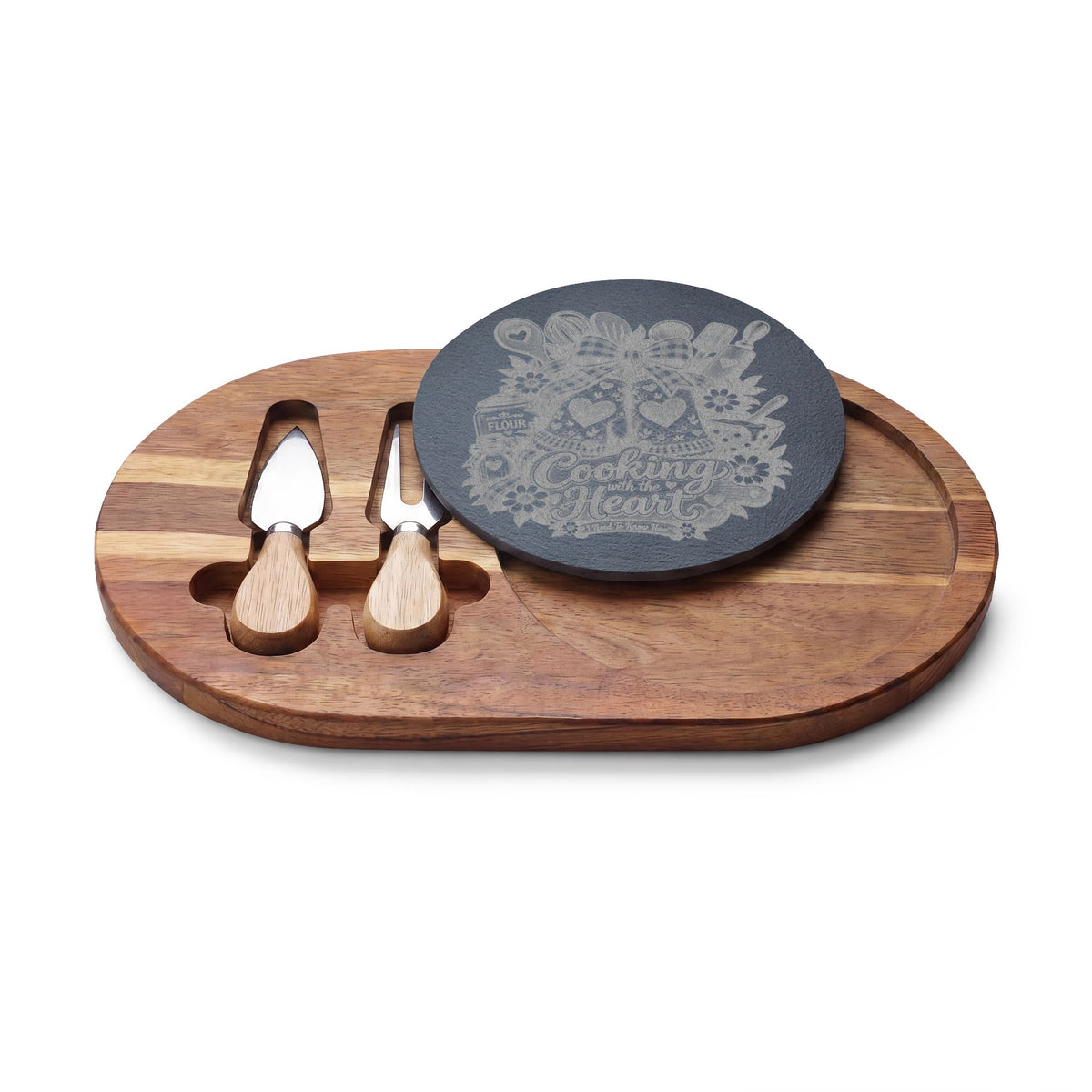 Engraved Acacia Charcuterie Board with Slate Inset & Cheese Knives — 'Cooking with Heart' Design