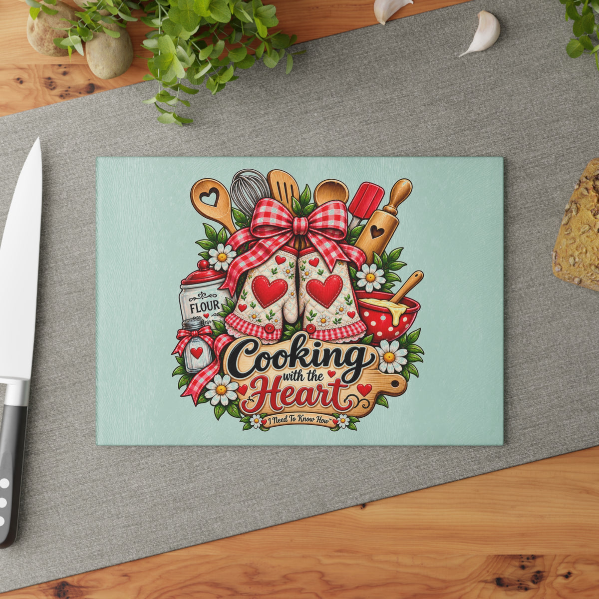Glass Cutting Board — 'Cooking with the Heart' Kitchen Glass Board, Cute Baking Utensils Design
