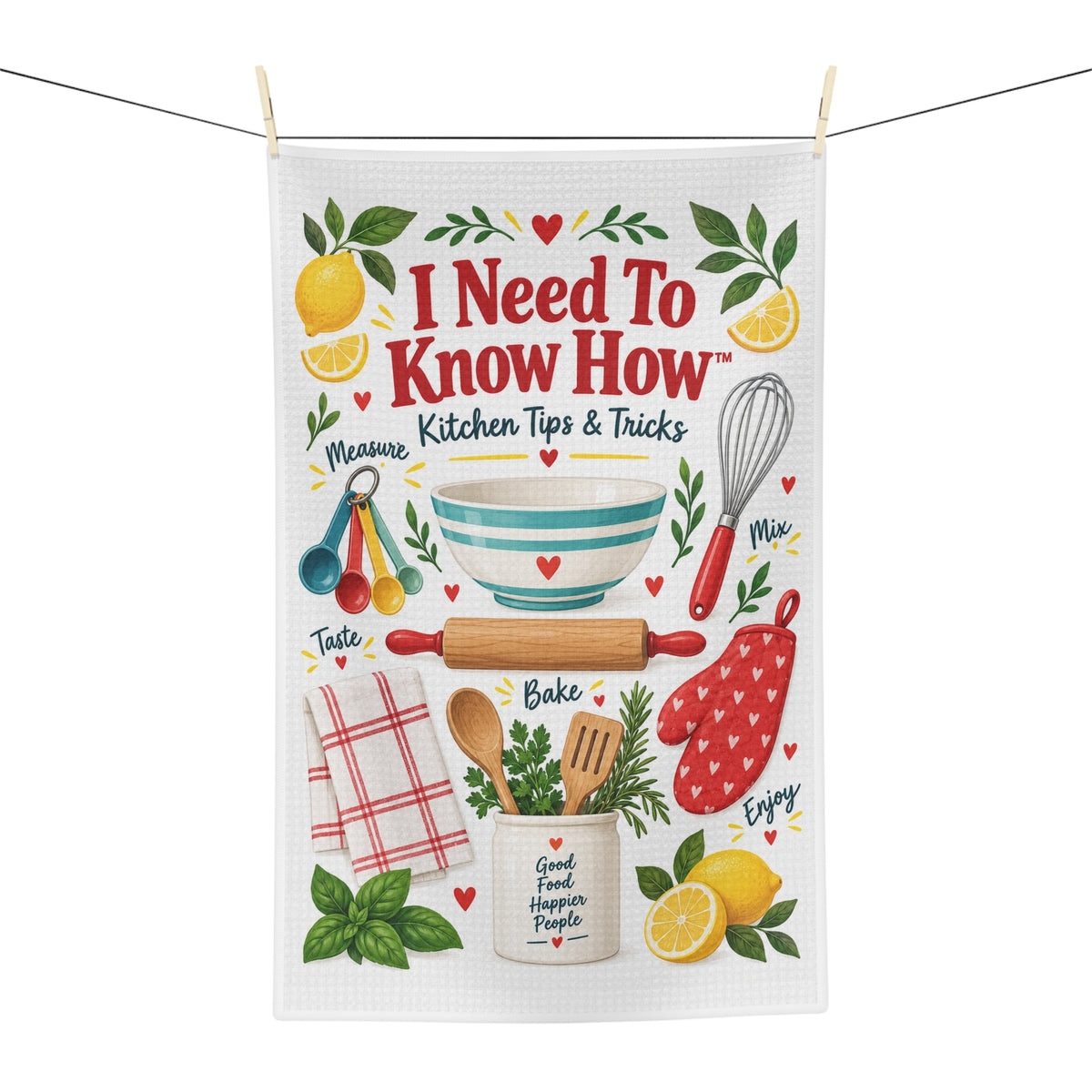 Kitchen Tips Tea Towel — "I Need To Know How" Microfiber Dish Towel with Baking Utensils Design