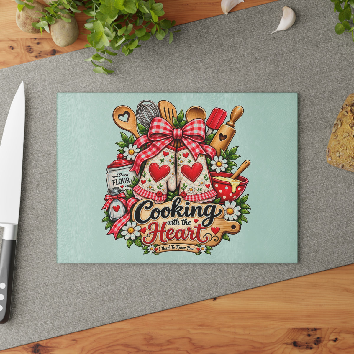 Glass Cutting Board - "Cooking with the Heart" Kitchen Cutting Board, Heartwarming Baking Design for Home Cooks & Gifts