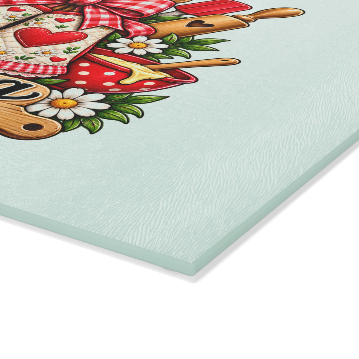 Glass Cutting Board - "Cooking with the Heart" Kitchen Cutting Board, Heartwarming Baking Design for Home Cooks & Gifts