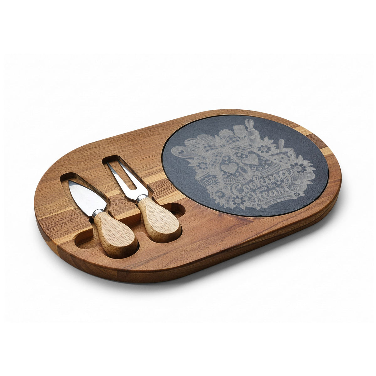 Engraved Acacia Charcuterie Board with Slate Inset & Cheese Knives — 'Cooking with Heart' Design