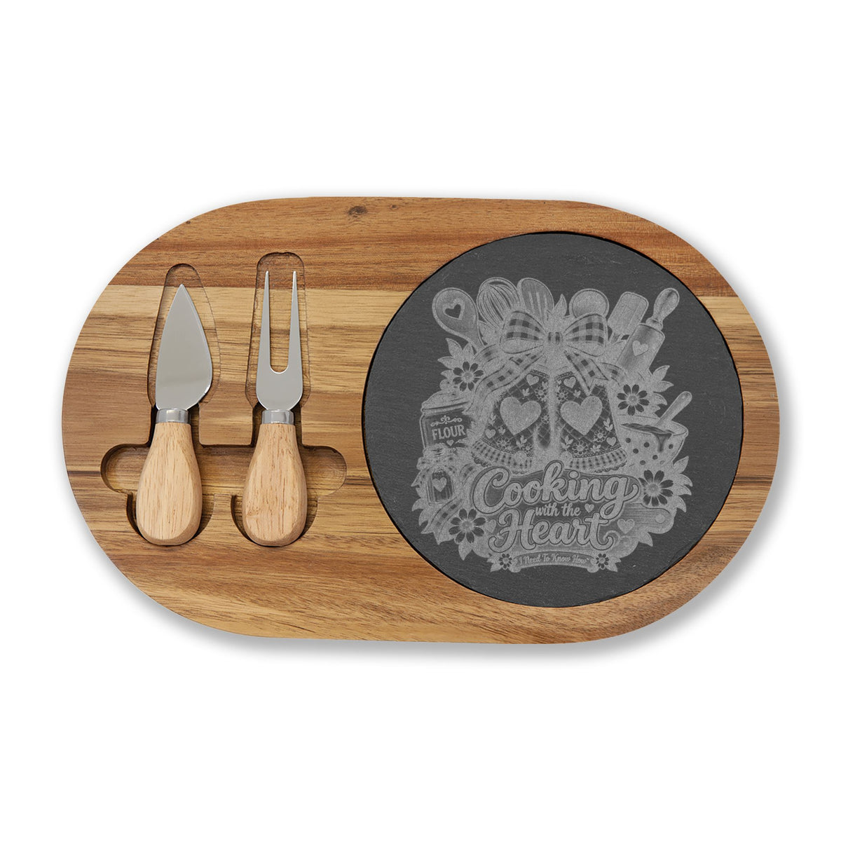 Engraved Acacia Charcuterie Board with Slate Inset & Cheese Knives — 'Cooking with Heart' Design