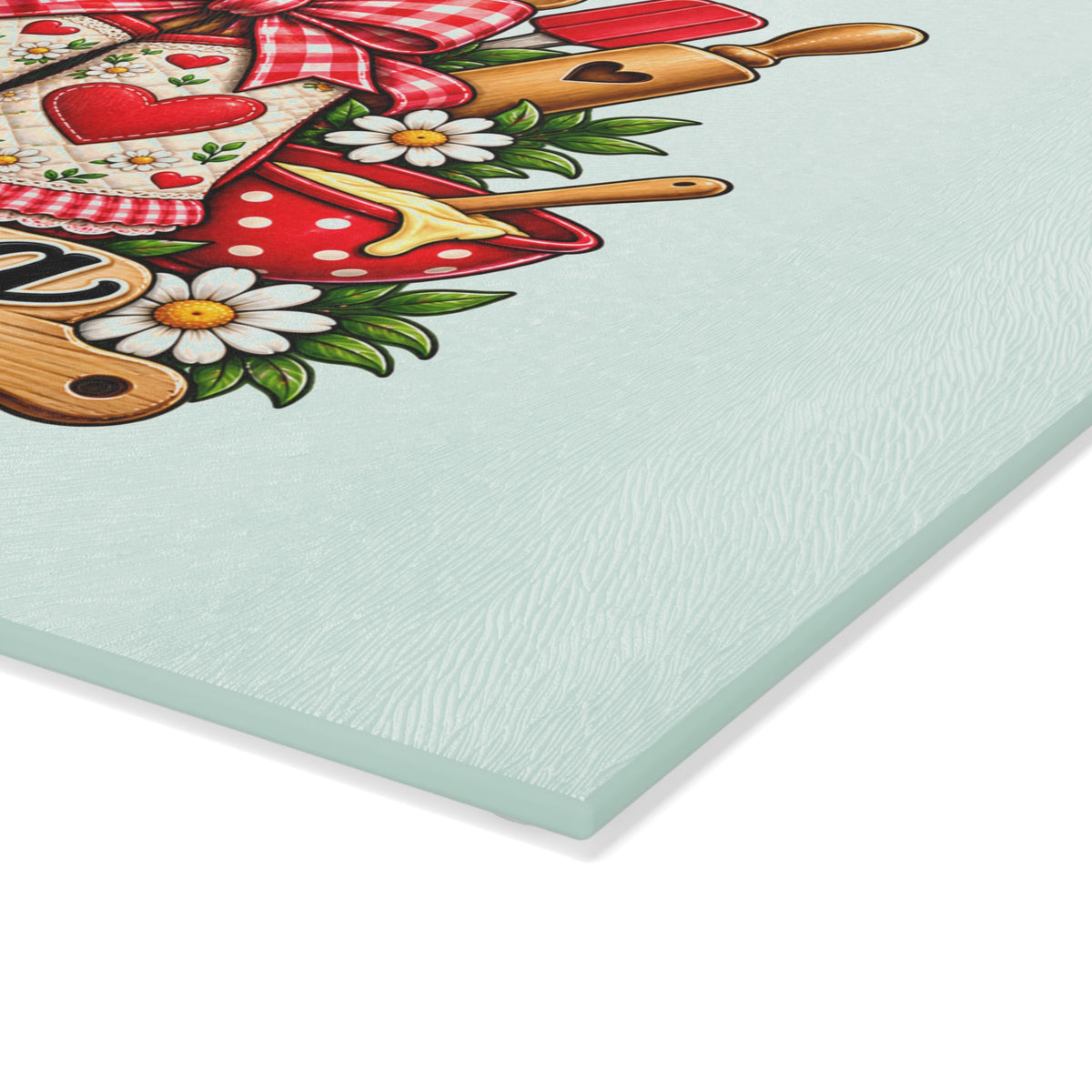 Glass Cutting Board — 'Cooking with the Heart' Kitchen Glass Board, Cute Baking Utensils Design