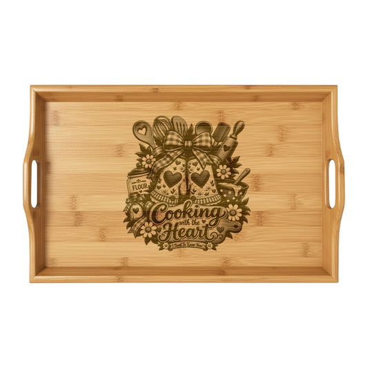 Engraved Bamboo Serving Tray – "Cooking From the Heart" Decorative Kitchen Tray
