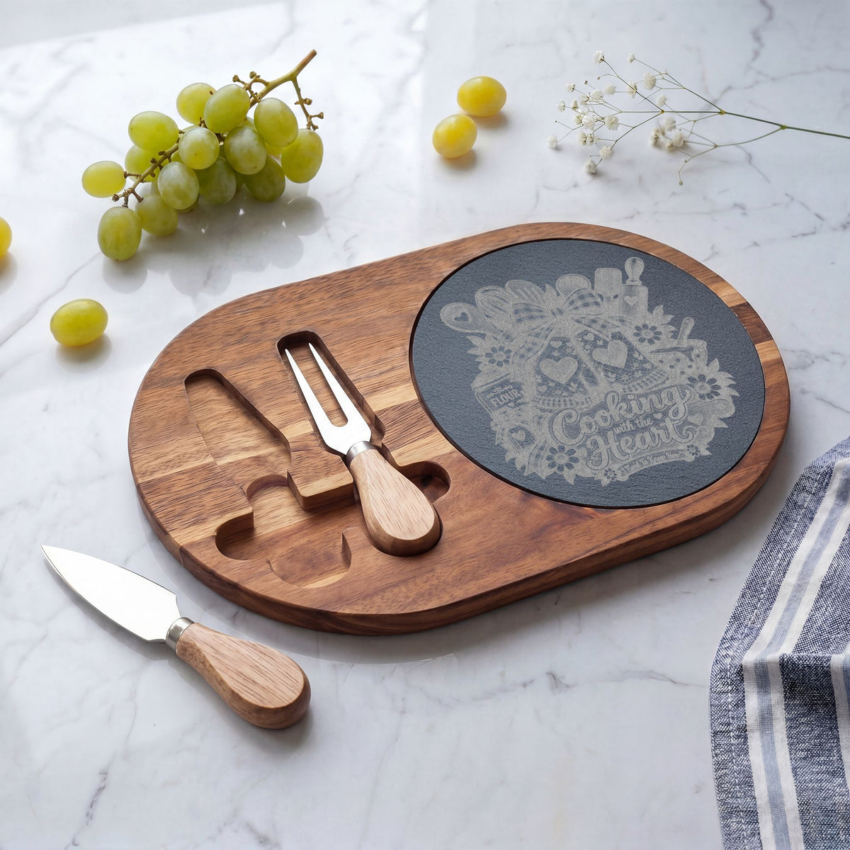 Engraved Acacia Charcuterie Board with Slate Inset & Cheese Knives — 'Cooking with Heart' Design