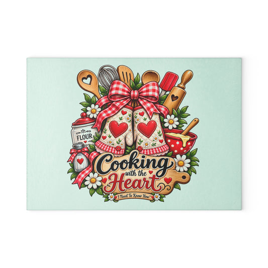 Glass Cutting Board - "Cooking with the Heart" Kitchen Cutting Board, Heartwarming Baking Design for Home Cooks & Gifts