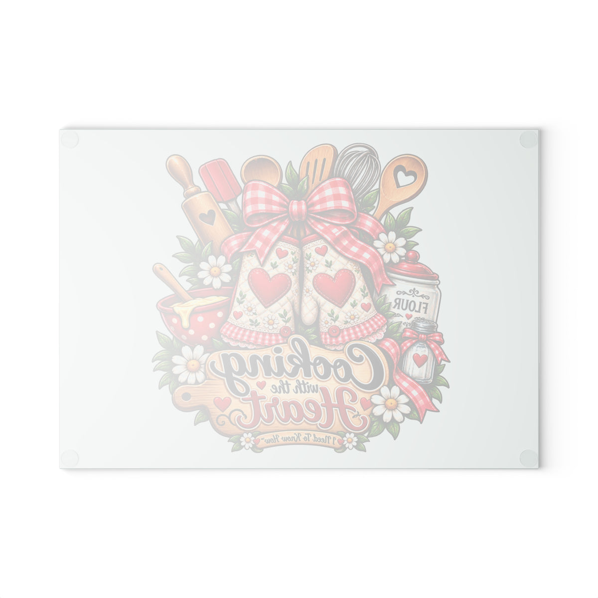 Glass Cutting Board — 'Cooking with the Heart' Kitchen Glass Board, Cute Baking Utensils Design