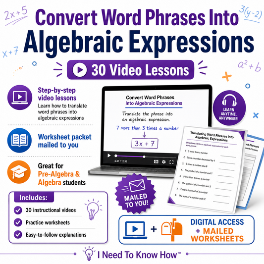 Group In Person  Learn How to Turn Word Phrases Into Algebraic Expressions - Includes a 1 hour Group In Person Class