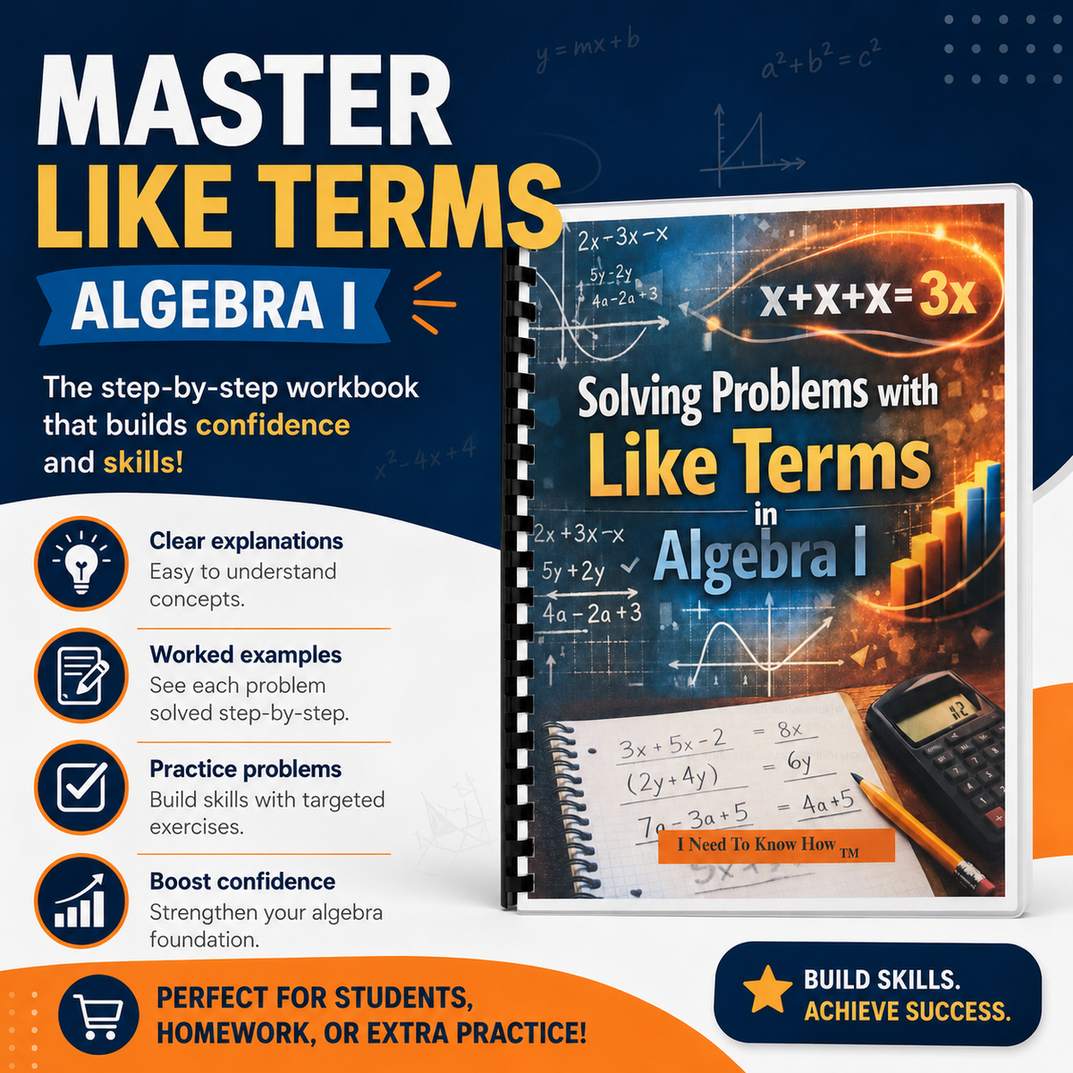 Solving Problems with Like Terms in Algebra I | Step-by-Step Workbook