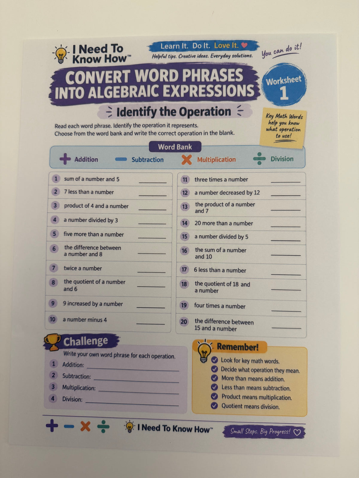 Individual Class Learn How to Turn Word Phrases Into Algebraic Expressions - Includes a 1 hour Group On-line Class